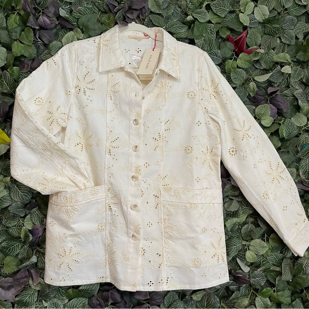 Solitaire Women White Jacket Floral Print Button Front Pockets size M